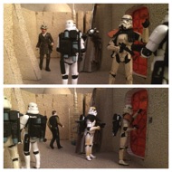 Four heavily-armed stormtroopers move along the narrow slum alleyway. TROOPER: "All right, check that side of the street.” They check the locks and tap on the doors. #starwars #anhwt #toyshelf